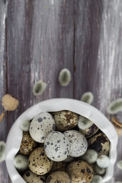 Pequeños huevos de codorniz plato de mesa de madera dispersa base de datos — Foto de Stock