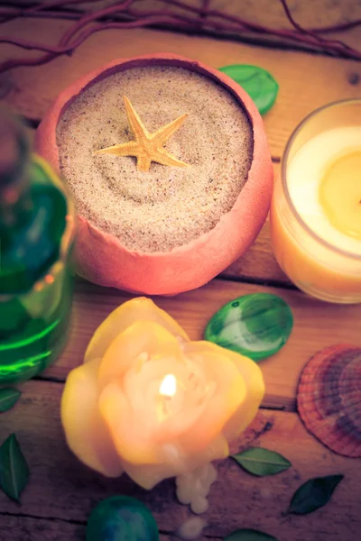 Concept spa coquille de sable marin bougies parfumées — Photo