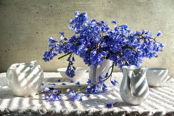 Stilleven boeket blauwe tinten wit servies — Stockfoto