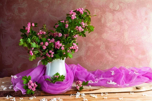 Nature morte bouquet aubépine brindilles fleurs — Photo