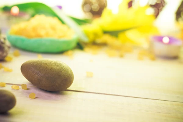 Zen stones scented candle wooden background — Stock Photo, Image