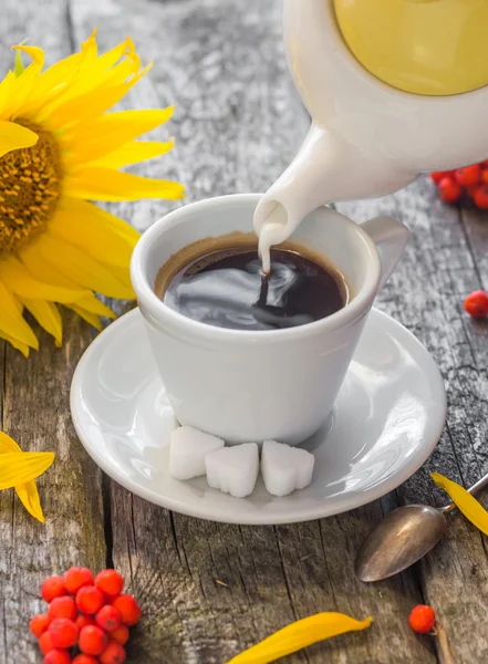 Melk van kruik kopje zwarte koffie gieten — Stockfoto