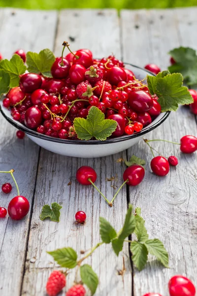 Schale voller verschiedene Früchte hölzernen Hintergrund — Stockfoto