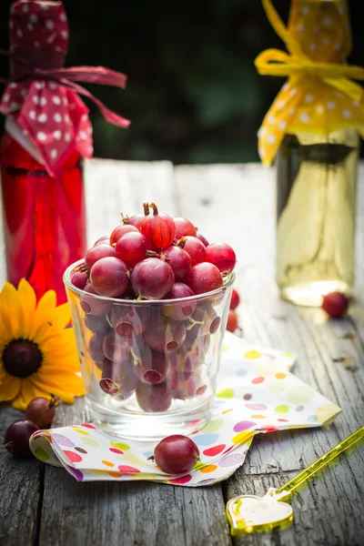 Verão fresco sobremesa fruta groselha espinhosa bebidas coloridas de madeira — Fotografia de Stock