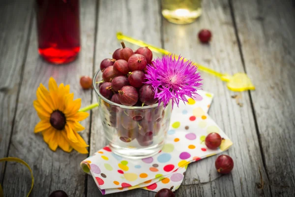 Verão sobremesa de madeira fruta groselha espinhosa bebidas coloridas — Fotografia de Stock