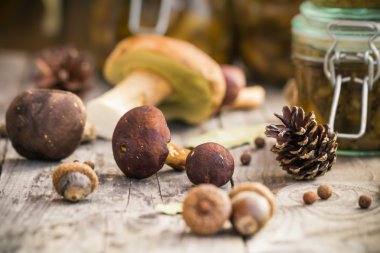 Marine mantar kavanozlar ahşap masa