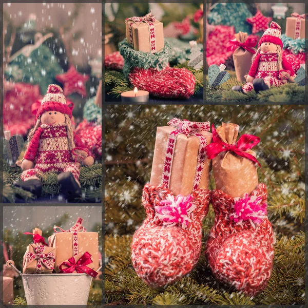 Collage Weihnachtsschmuck Geschenke Fichte Weihnachtsmann Schnee Schnee — Stockfoto