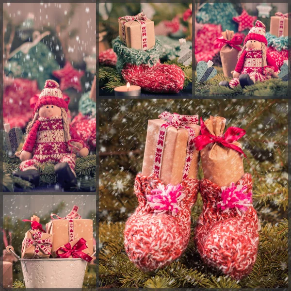 Koláž Vánoční dekorace dárky smrk santa claus sněhem Stock Obrázky