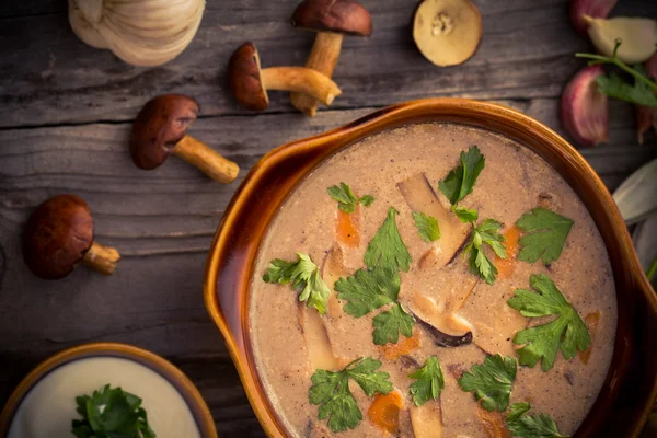 Country dinner Mushroom soup wooden table — Stock Photo, Image