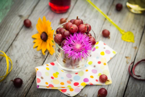 Dessert di legno estate frutta uva spina bevande colorate — Foto Stock