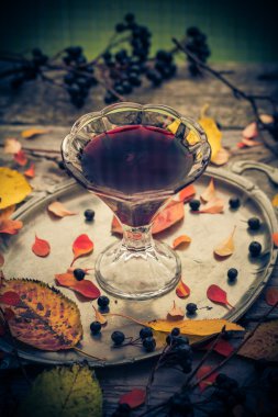 Sonbahar mutfak Kupası tentür chokeberry ahşap masa