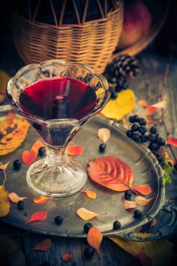 Sonbahar mutfak Kupası tentür chokeberry ahşap masa