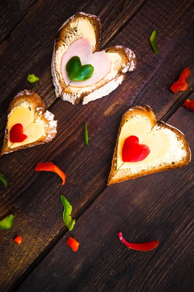 Valentine sandwiches breakfast lovers wooden — Stock Photo, Image