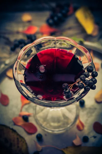 Glass tincture chokeberry autumn vintage styling — Stock Photo, Image