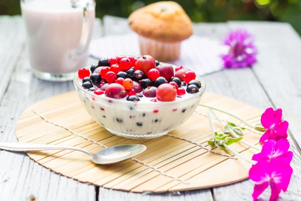 Πρωινό στον κήπο φρούτα κορινθιακή σταφίδα φραγκοστάφυλα βουτυρογάλακτος — Φωτογραφία Αρχείου