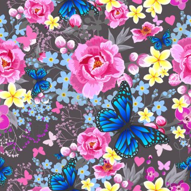 Kırmızı ve mavi çiçekleri ve yaprakları olan kusursuz bir arka plan. Vektör illüstrasyonu