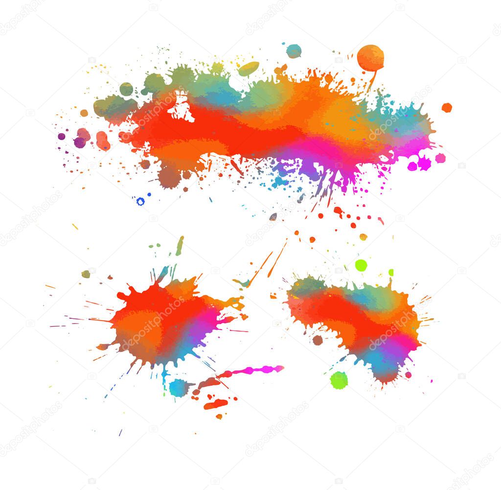 Multi-colored spots of paint on a white background. Grunge frame of paint. Mixed media. Vector illustration.