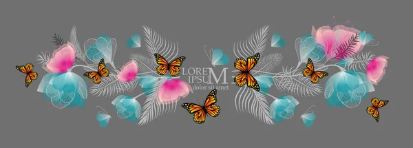 Rolig Färgglad Illustration Med Abstrakta Blommor Och Fjäril — Stock vektor