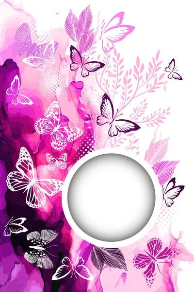白色蝴蝶在水彩缤纷的紫罗兰背景上.案文的圆形框架。带着爱矢量说明 — 图库矢量图片