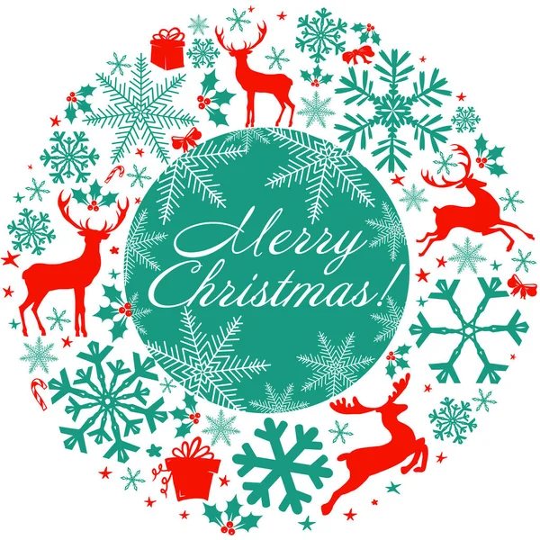 Veselé Vánoce a šťastný Nový rok přání. Rám dekorace s jeleny, příroda a sváteční ozdoby. Vektorová ilustrace — Stockový vektor