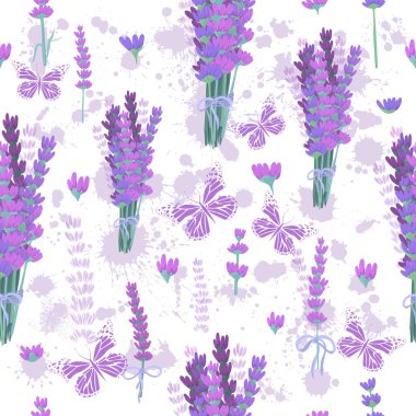 Lavanta ve kelebeklerle kusursuz bir arka plan. Vektör illüstrasyonu