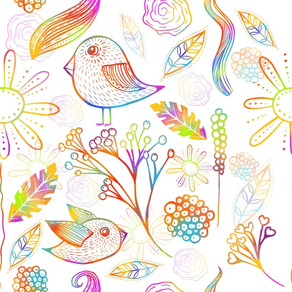 Decorative Birds Flowers Seamless Pattern Multicolored Pattern Mixed Media Vector — Stock Vector