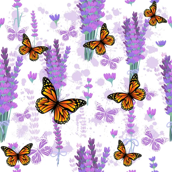 ラベンダーと蝶とシームレスな背景 ベクターイラスト — ストックベクタ