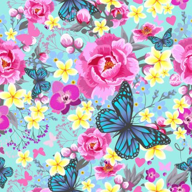 Kırmızı ve mavi çiçekleri ve yaprakları olan kusursuz bir arka plan. Vektör illüstrasyonu