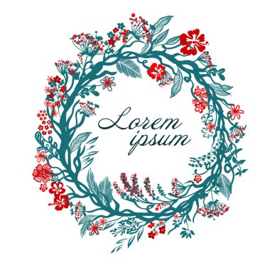 Yuvarlak çerçeve, mavi, kırmızı çiçekler ve yapraklarla. Çiçek kartı. Vektör illüstrasyonu
