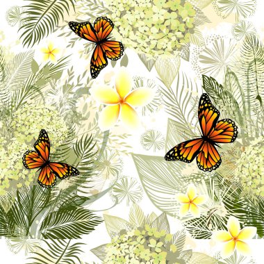 Ortanca ve Şakayık Botanik Vektör İllüstrasyonlu Nazik Botanik Kusursuz Arkaplan