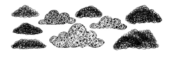 Clouds Isolation Background Doodles White Hand Drawn Line Art Black — Stock Vector