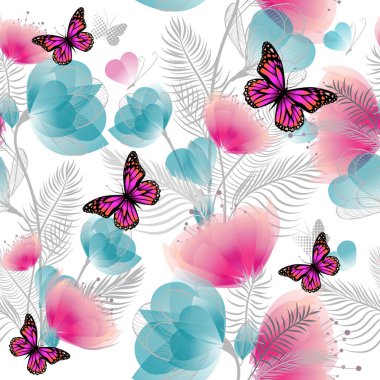 Pembe güller ve beni unutma desenli kusursuz çiçek deseni.