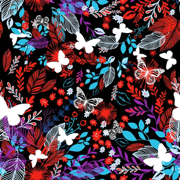 Fond Sans Couture Avec Des Fleurs Des Feuilles Rouges Bleues — Image vectorielle