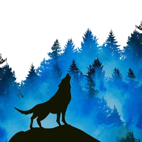 Wolf Silhouette Watercolor Mixed Media Vector Illustration — Stock Vector