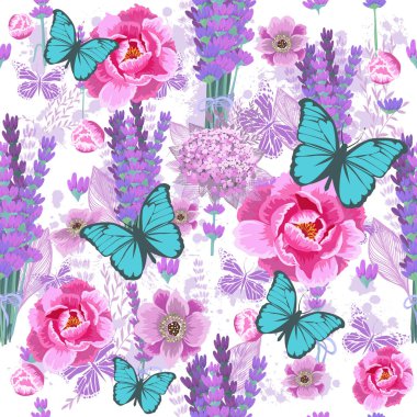 Kırmızı ve mavi çiçekleri ve yaprakları olan kusursuz bir arka plan. Vektör illüstrasyonu