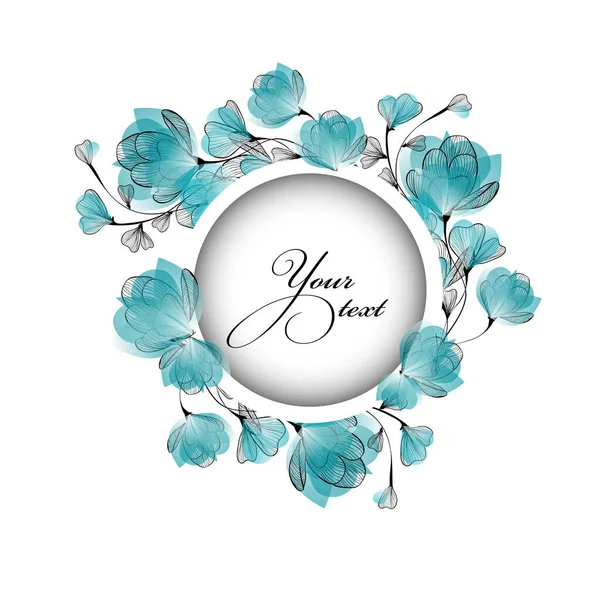 青い花の丸い花輪を持つ招待カード 装飾エンドウ豆 バターカップ ヴィンテージベクトルイラスト — ストックベクタ