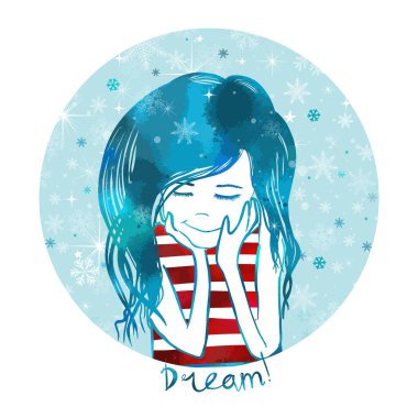 Üzerinde yazı olan kartpostal lütfen rüya görmeyi unutma. Kırmızı şapkalı, kırmızı eşarplı, yuvarlak çantalı ve mavi arkaplanlı güzel bir kız. çizgi film biçimi