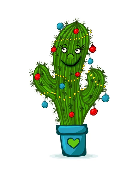 Funny Xmas Card Green Cactus Garland Inscription Merry Christmas Vector — Stock Vector