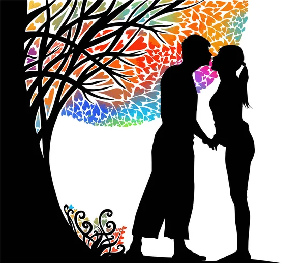 Una Pareja Enamorada Besa Bajo Árbol Ilustración Vectorial — Vector de stock