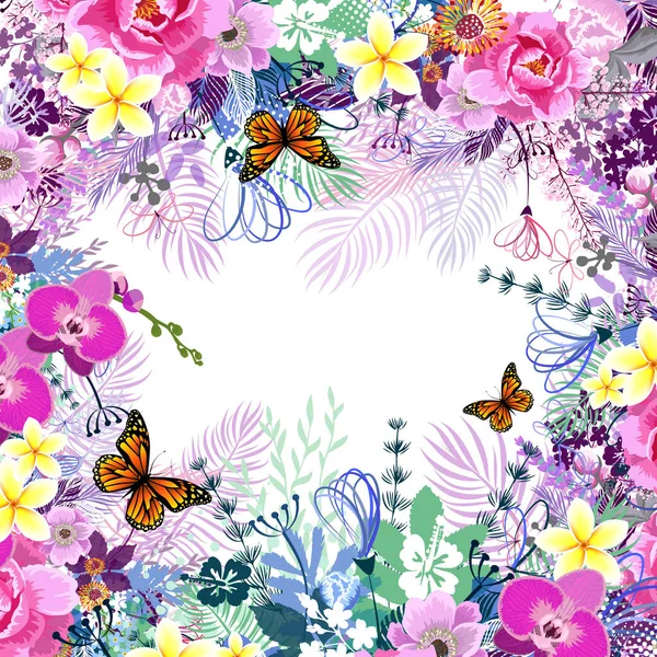 Schöner Floraler Rahmen Mit Rosa Blüten Vektorillustration — Stockvektor