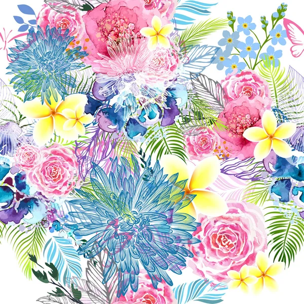 Ένα Απρόσκοπτο Φόντο Από Λουλούδια Ακουαρέλας Εικονογράφηση Διανύσματος — Διανυσματικό Αρχείο