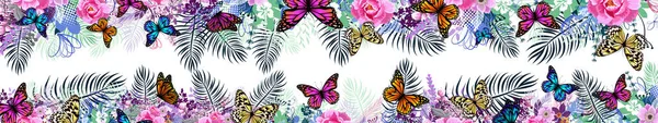 Lång Horisontell Ram Med Fjärilar Sidhuvud Vektorillustration — Stock vektor