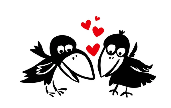 Two funny crows are in love. Cartoon Valentine. Vector illustration — Stock Vector