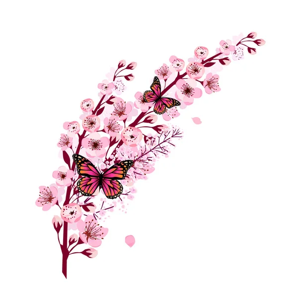 Un ramo di sakura con petali cadenti. Farfalla su un ramo rosa primaverile. Illustrazione vettoriale — Vettoriale Stock