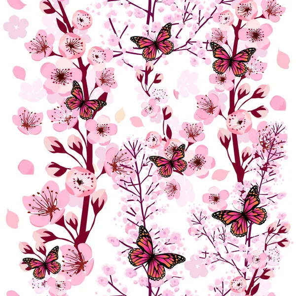 Ein nahtloser Hintergrund aus Sakura mit Schmetterlingen. Vektorillustration — Stockvektor