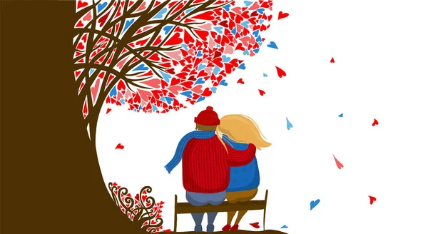 Ein verliebtes Paar sitzt auf einer Bank. Baum mit Herzen. Alles Gute zum Valentinstag. Vektorillustration — Stockvektor