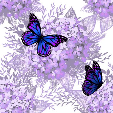 Yumuşak mor Vintage Botanik Kusursuz Ortanca ve Kelebekli Arka plan. Botanik Vektör İllüstrasyonu