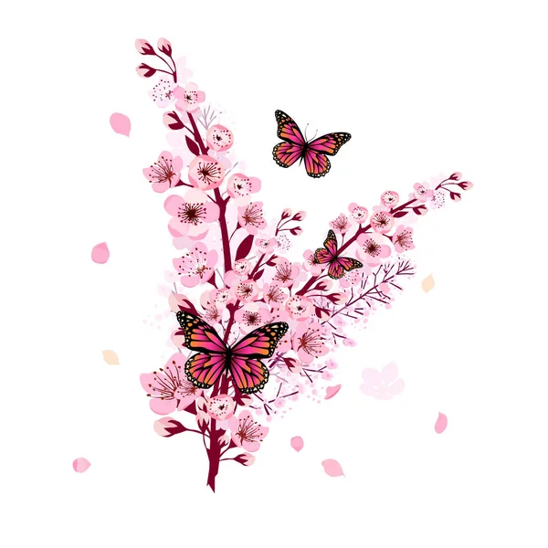 Um ramo de sakura com pétalas em queda. Borboleta em um ramo rosa de primavera. Ilustração vetorial —  Vetores de Stock