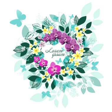 Yapraklı ve orkideli soyut çerçeve. Vektör illüstrasyonu