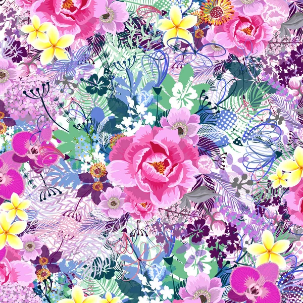 Flerfärgade olika blommor vacker bakgrund. Vektorillustration — Stock vektor